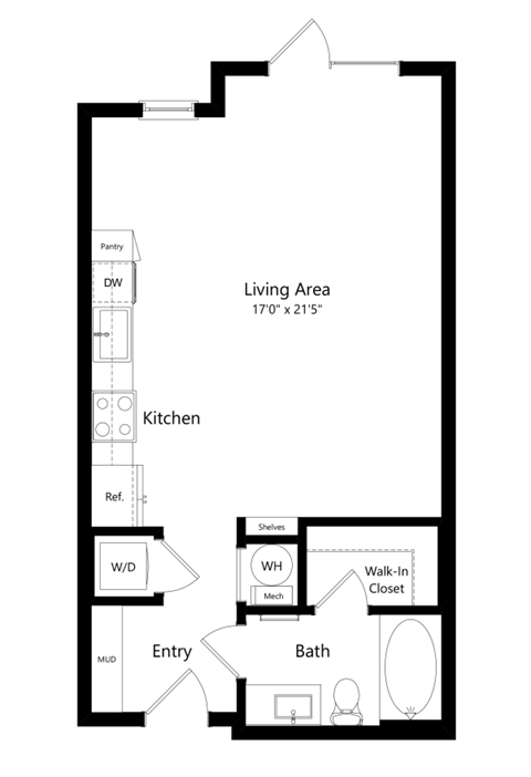 Floor plan for studio, 1 bath, 559 sqft